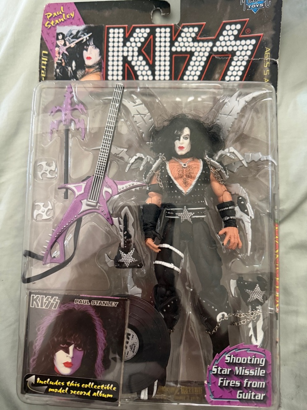 Vintage Kiss Paul Stanley Action Figure - Black Outfit with Purple Guitar